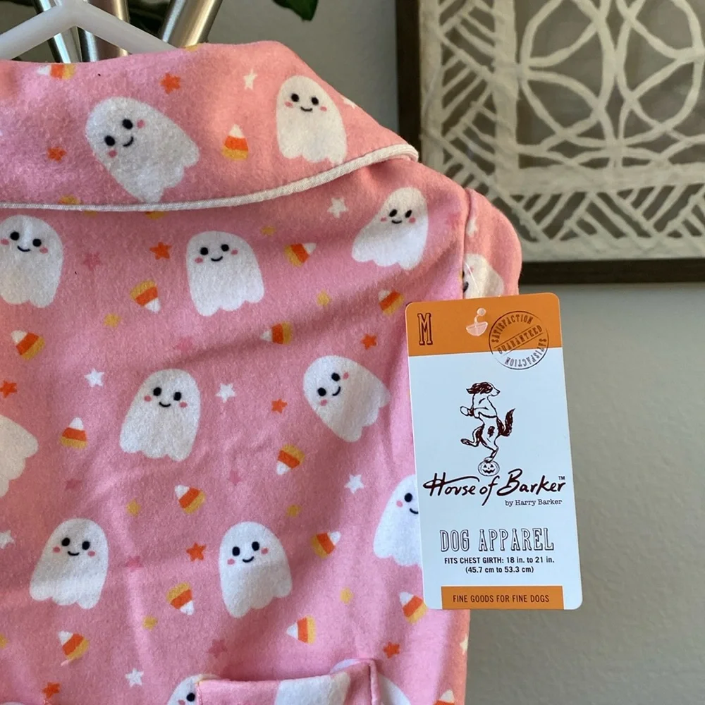 House of Barker | Pink Halloween Ghost, Candy Corn & Stars Dog Pajamas – Medium